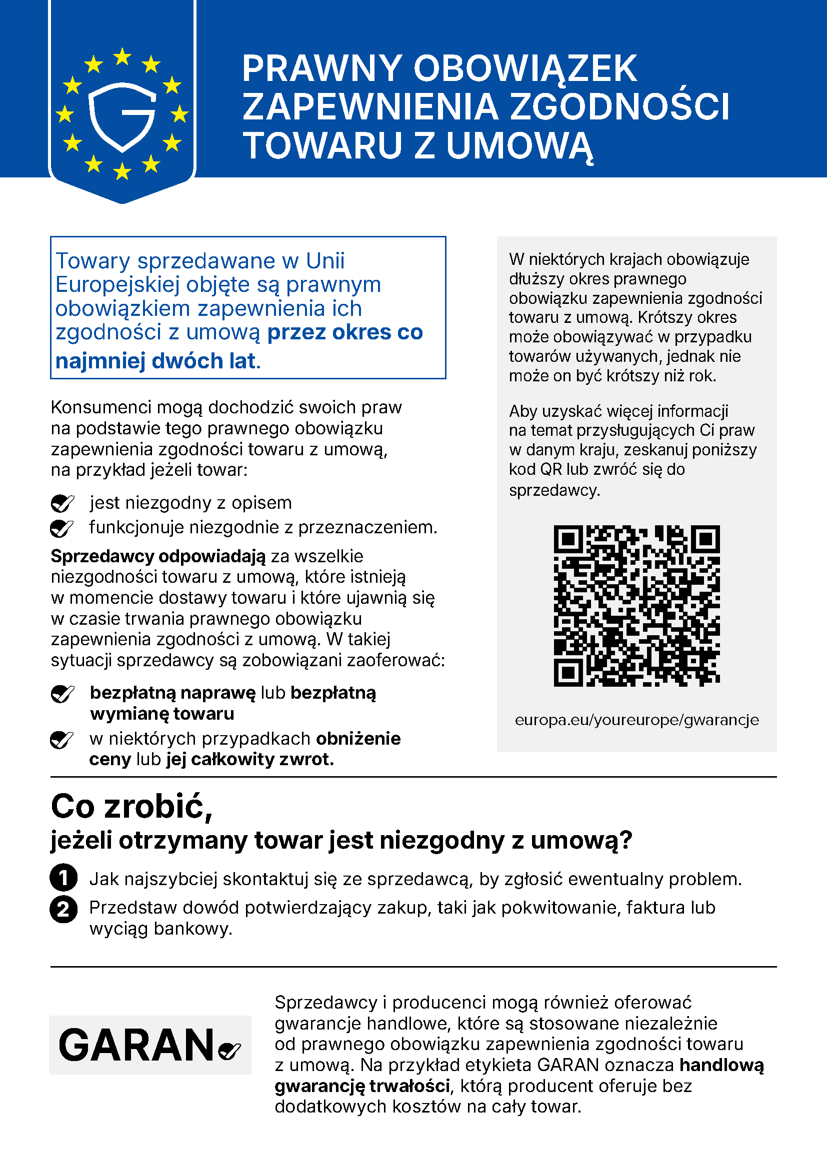 Towary sprzedawane w Unii Europejskiej objęte są prawnym obowiązkiem zapewnienia ich zgodności z umową przez okres co najmniej dwóch lat – zharmonizowane powiadomienie UE.