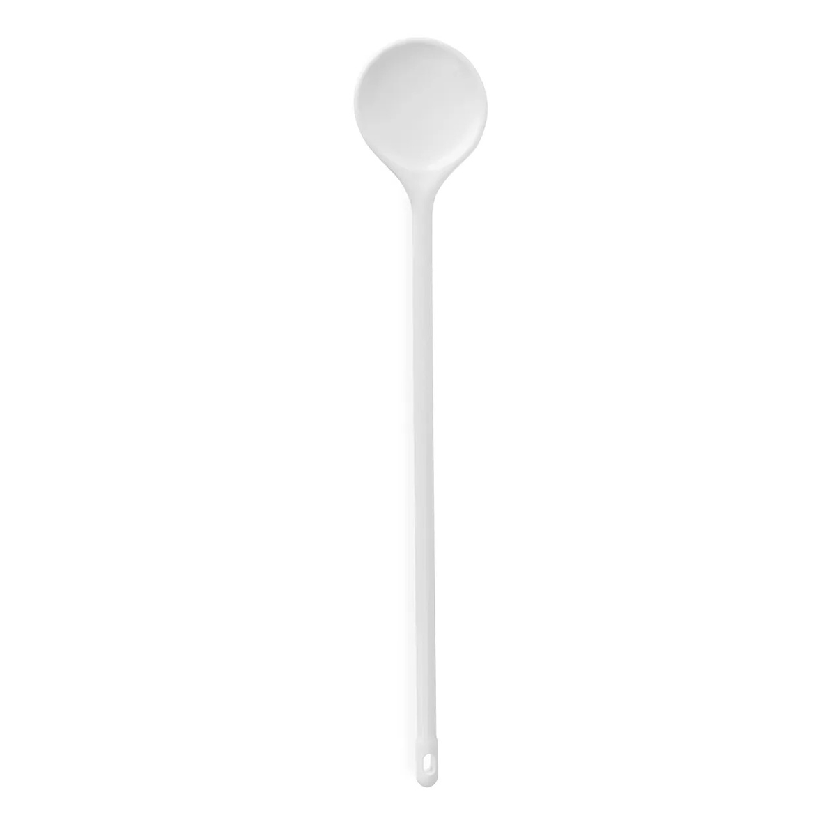 Biała długa łyżka kuchenna z tworzywa PBT z otworem do zawieszania, 57,5 cm.