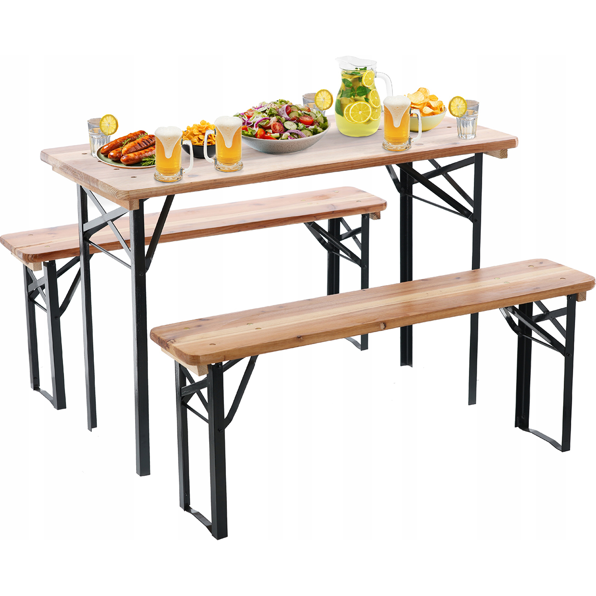 Ogrodowy składany zestaw imprezowy - 117 cm - stół + 2 ławki