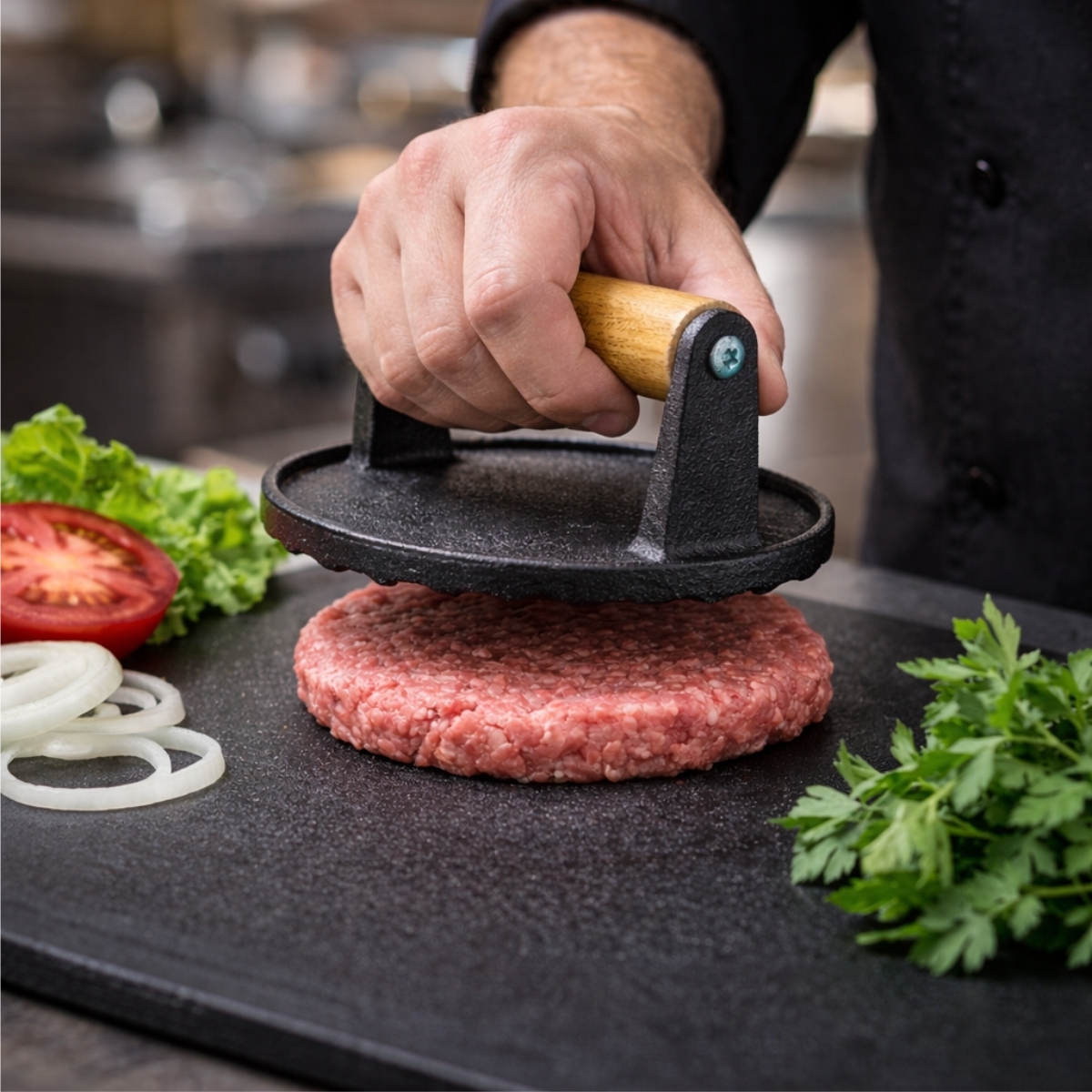 Żeliwna prasa do hamburgerów z drewnianym uchwytem - Ø 14 cm | Gastrokitchen
