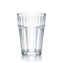Przezroczysta szklanka z wytłoczonym wzorem, wysoki kształt, stabilne dno, 300 ml.