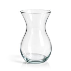 Przezroczysty szklany wazon o eleganckim kształcie, zwężanej szyjce i stabilnej podstawie, wysokość 18 cm.