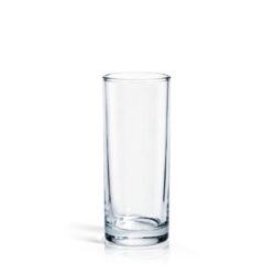 Przezroczysta szklanka 240 ml o cylindrycznym kształcie i wzmocnionym dnie, wysokość 13,5 cm.