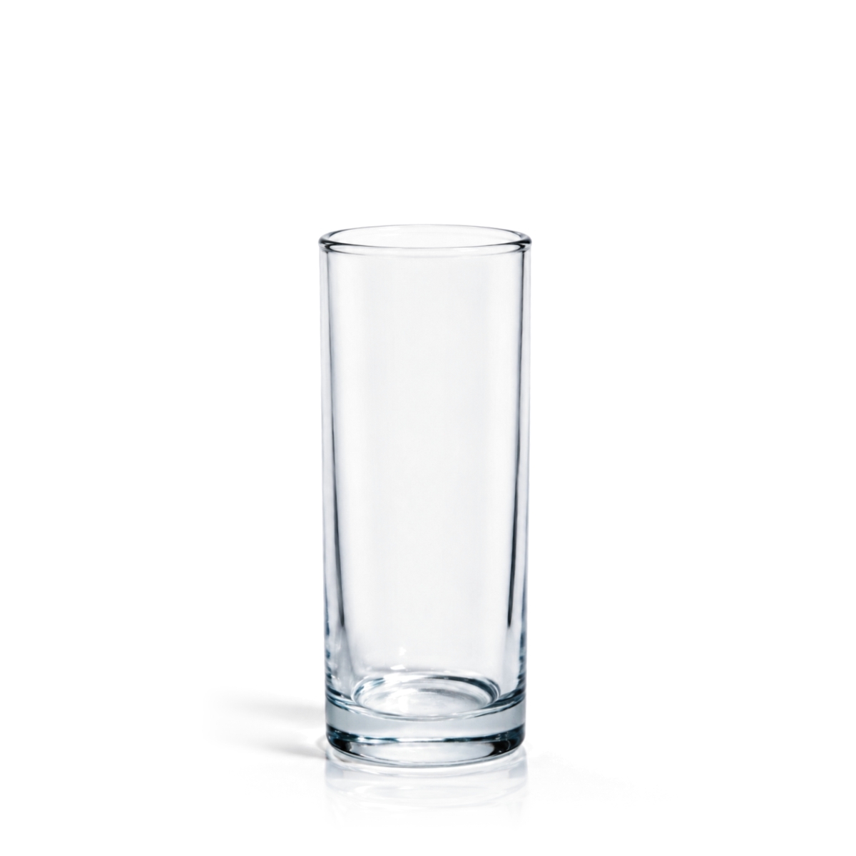 Przezroczysta szklanka 240 ml o cylindrycznym kształcie i wzmocnionym dnie, wysokość 13,5 cm.