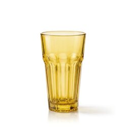 Wysoka żółta szklanka na wodę z reliefowym wzorem, pojemność 250 ml.