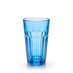 Wysoki niebieski szklany kubek na napoje o pojemności 250 ml, z wytłoczonym wzorem.