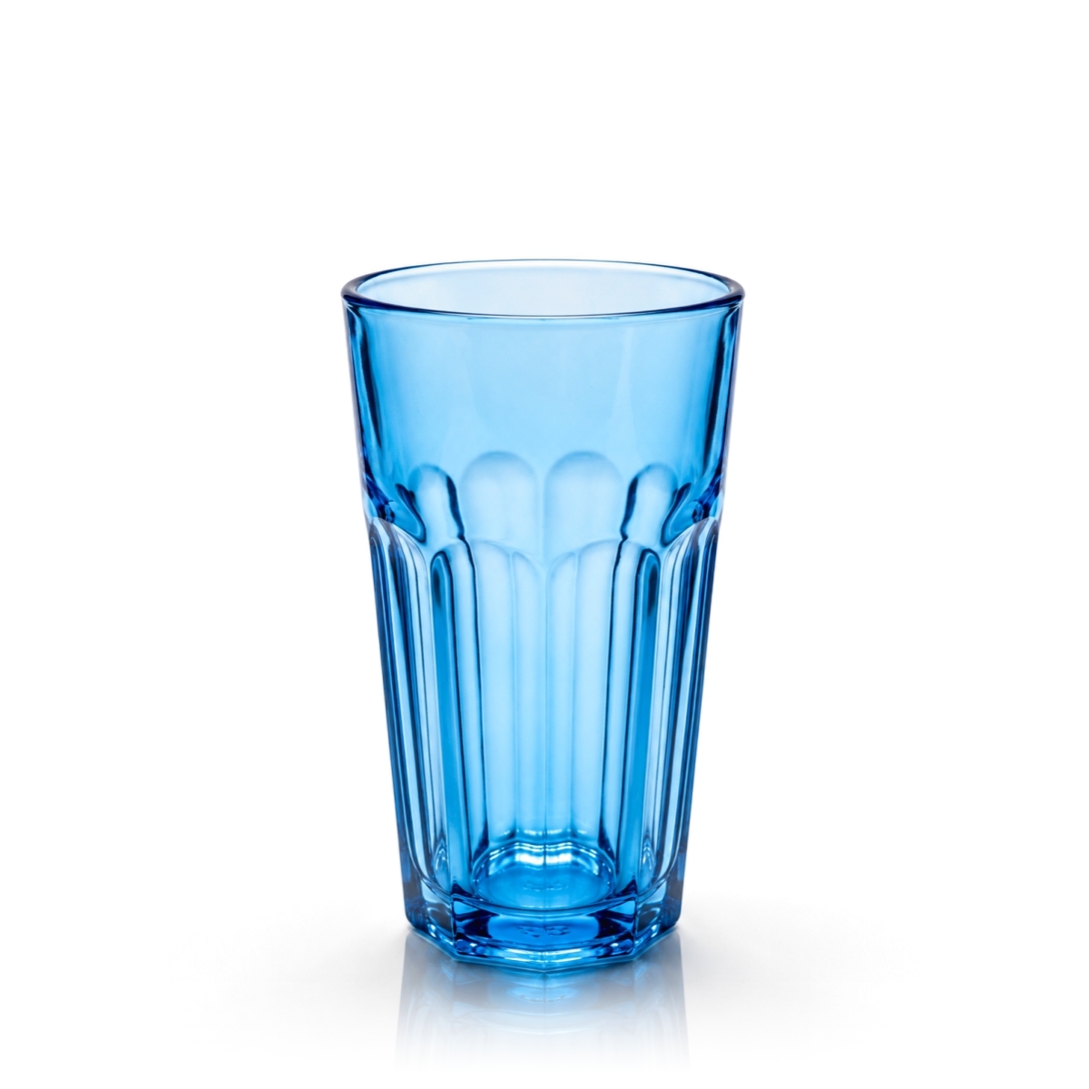 Wysoki niebieski szklany kubek na napoje o pojemności 250 ml, z wytłoczonym wzorem.