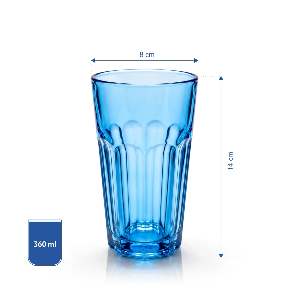 Wysoki niebieski szklany kubek na napoje o pojemności 250 ml, z wytłoczonym wzorem.