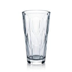 Przezroczysta szklanka 350 ml ze szkła z reliefowym wzorem i solidnym dnem.